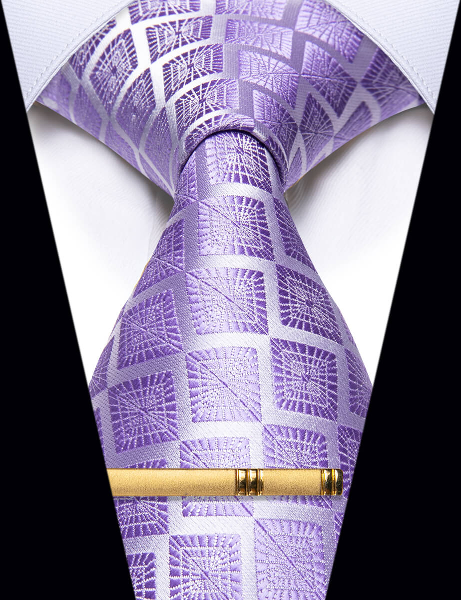 Pale Lavender Purple Plaid Silk Necktie with Golden Tie Clip