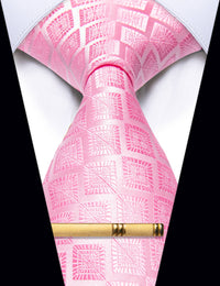 YourTies Pink Plaid Novelty Silk Necktie with Golden Tie Clip for Men