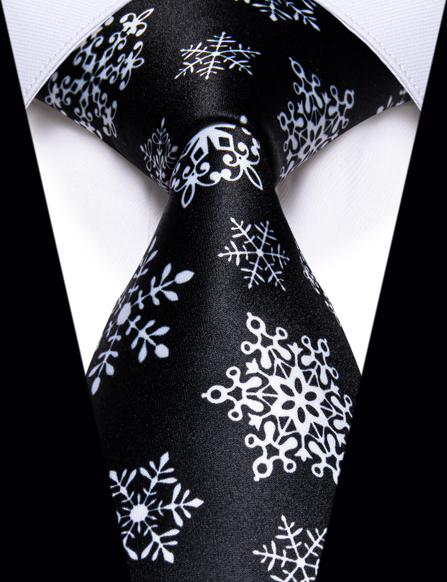 YourTies Black Silk Tie White Snowflake Christmas Silk Necktie