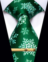  Green White Snowflake Christmas Silk Necktie Golden Tie Clip