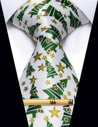 YourTies White Christmas Tree Men's Silk Necktie with Golden Tie Clip