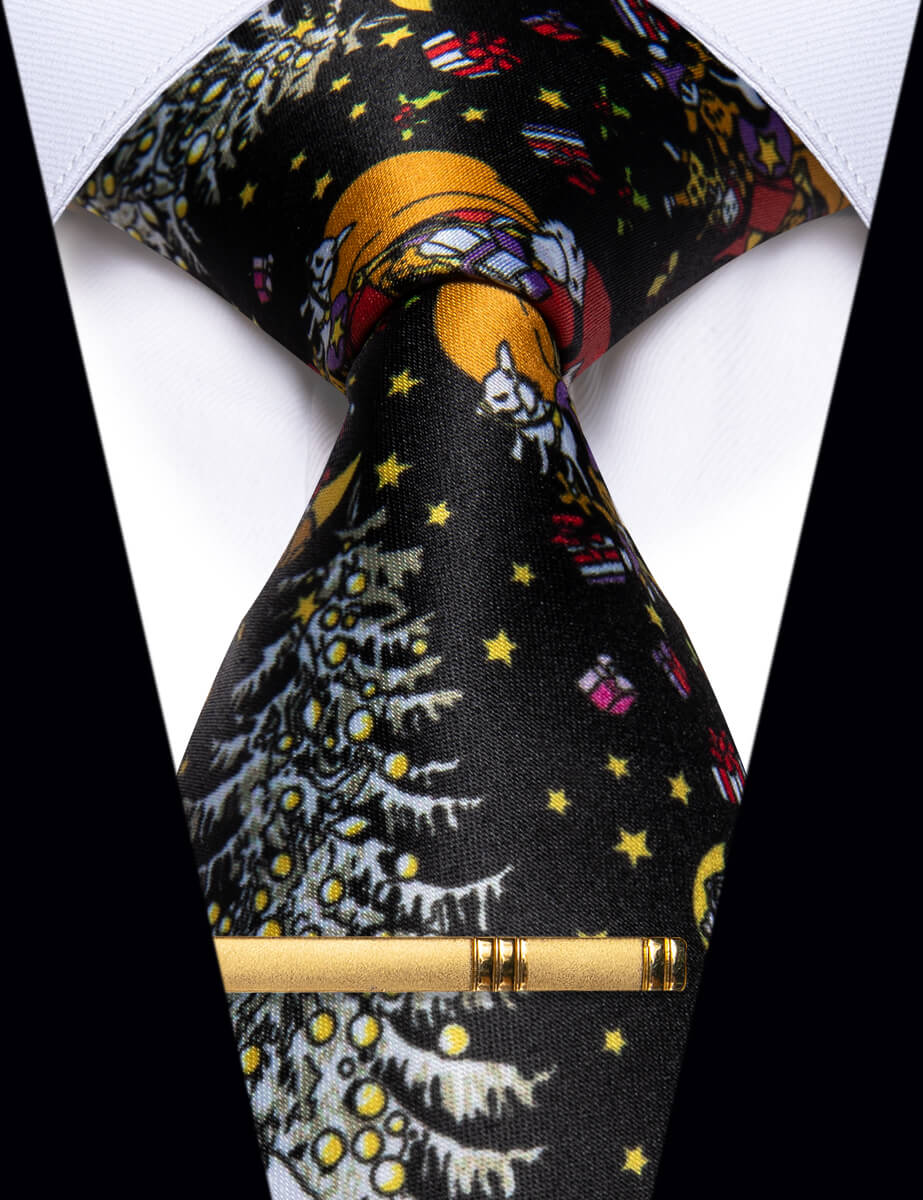 YourTies Black White Novelty Christmas Silk Necktie Golden Tie Clip