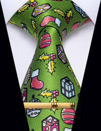  Green Novelty Christmas Silk Necktie with Golden Tie Clip