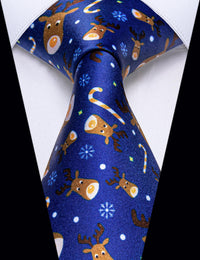 YourTies Blue Tie Christmas Elk Silk Novelty Holiday Necktie