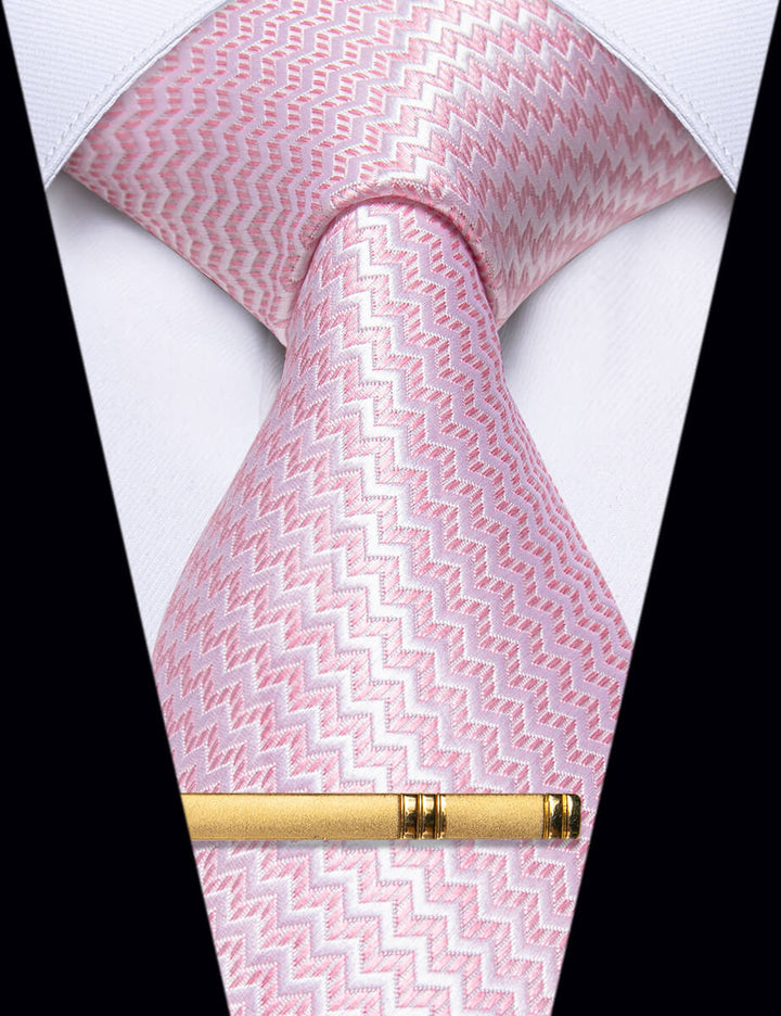  Light Pink Irregular Striped Silk Necktie Golden Tie Clip