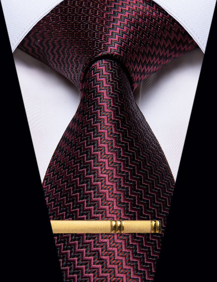 Burgundy Irregular Striped Silk Necktie with Golden Tie Clip