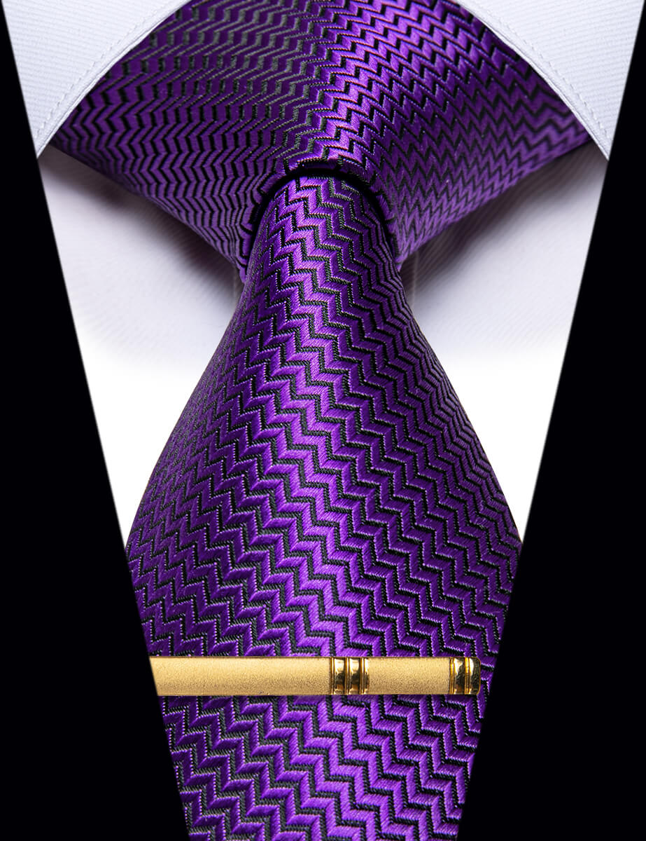 YourTies Purple Irregular Striped Silk Necktie with Gold Tie Clip