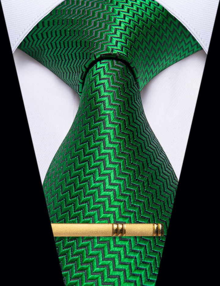 Men Green Irregular Striped Silk Necktie with Golden Tie Clip