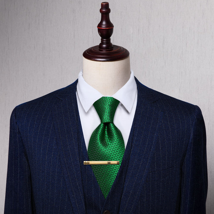 Dark green ties Men Green Irregular Striped Silk Necktie with Golden Tie Clip