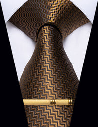 YourTies Brown Irregular Striped Silk Necktie with Golden Tie Clip