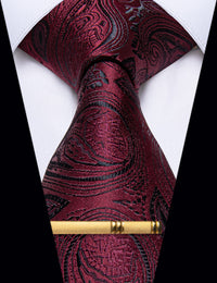 YourTies Burgundy Black Deep Red Paisley Silk Necktie with Tie Clip