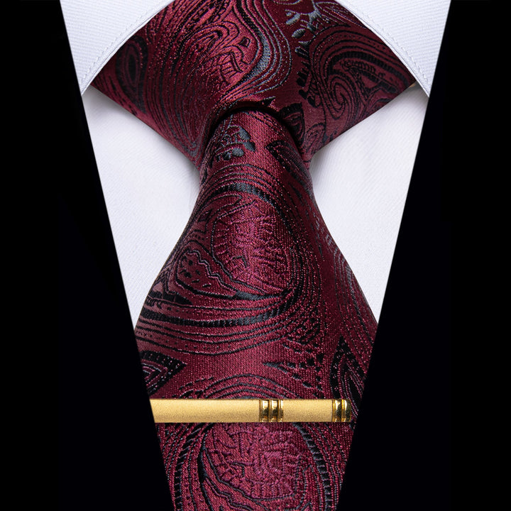 Burgundy Black Deep Red Paisley Silk Necktie with Tie Clip