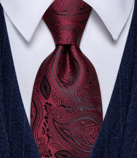 YourTies Burgundy Tie Black Deep Red Paisley Silk Necktie with Clip