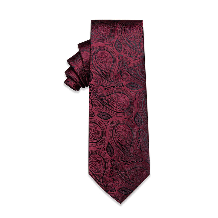 Burgundy Black Deep Red Paisley Silk Necktie with Tie Clip