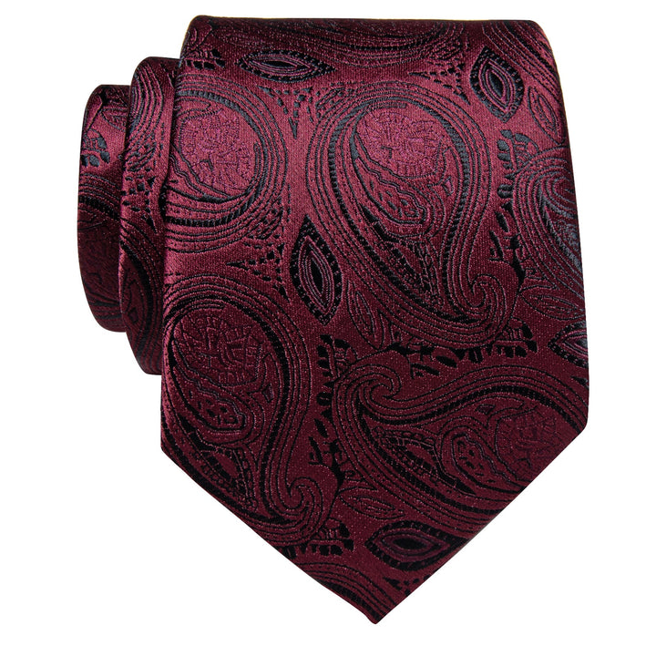 Burgundy Black Deep Red Paisley Silk Necktie with Tie Clip