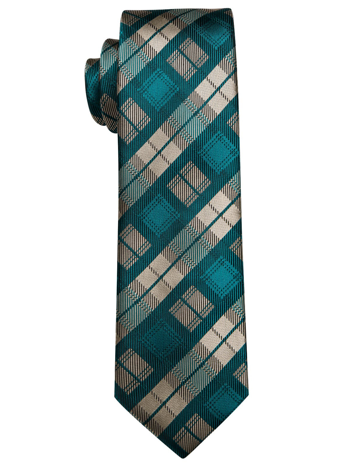 YourTies Teal Blue Beige Checkered Ties Men's Silk Plaid Necktie