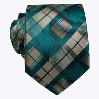 YourTies Teal Blue Beige Checkered Ties Men's Silk Plaid Necktie