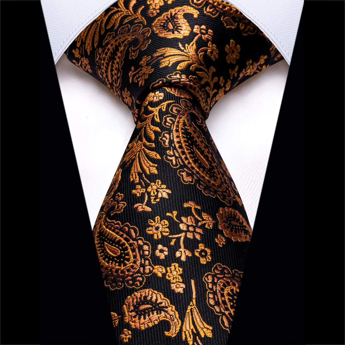  Black Mens Tie Dark Gold Jacquard Paisley Men's Silk Necktie