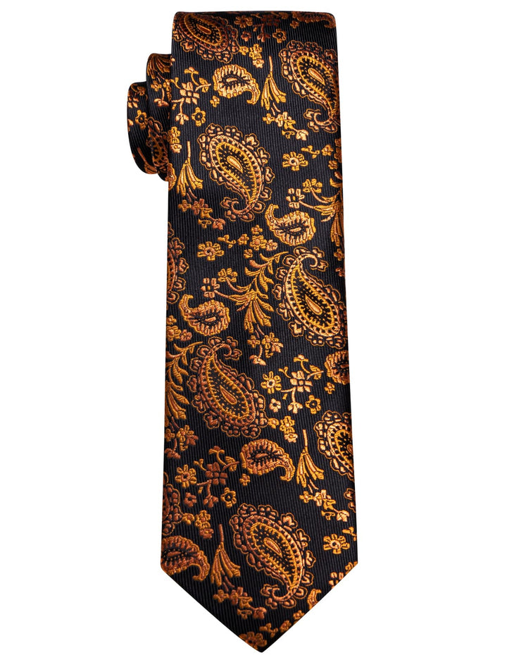  Black Mens Tie Dark Gold Jacquard Paisley Men's Silk Necktie