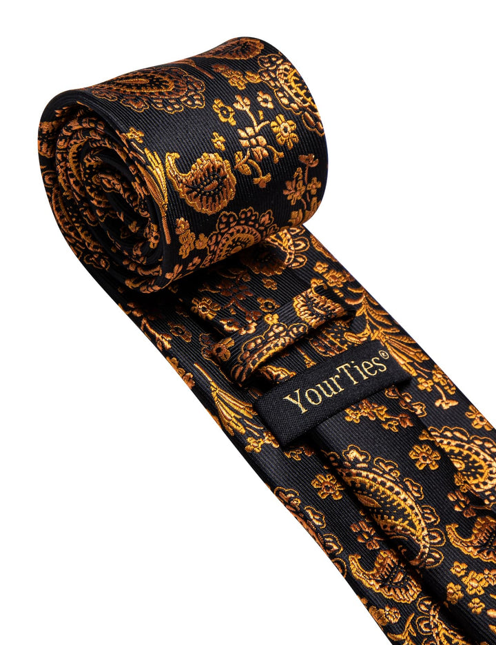  Black Mens Tie Dark Gold Jacquard Paisley Men's Silk Necktie