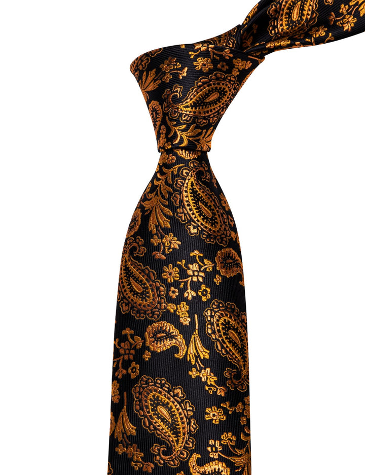  Black Mens Tie Dark Gold Jacquard Paisley Men's Silk Necktie