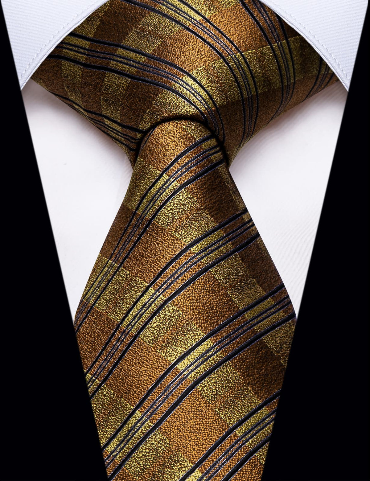 YourTies Golden Yellow Plaid Tie Mens Black Stripes Jacquard Necktie