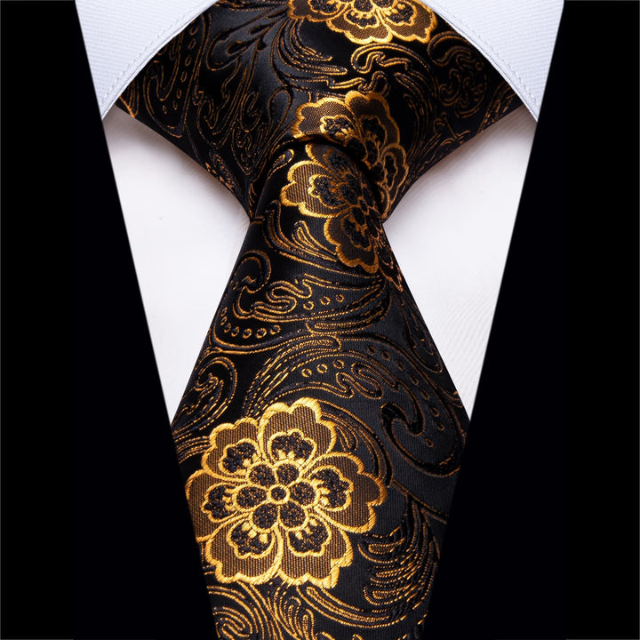  Black Neck Tie Mens Gold Floral Jacquard Silk Dinner Necktie