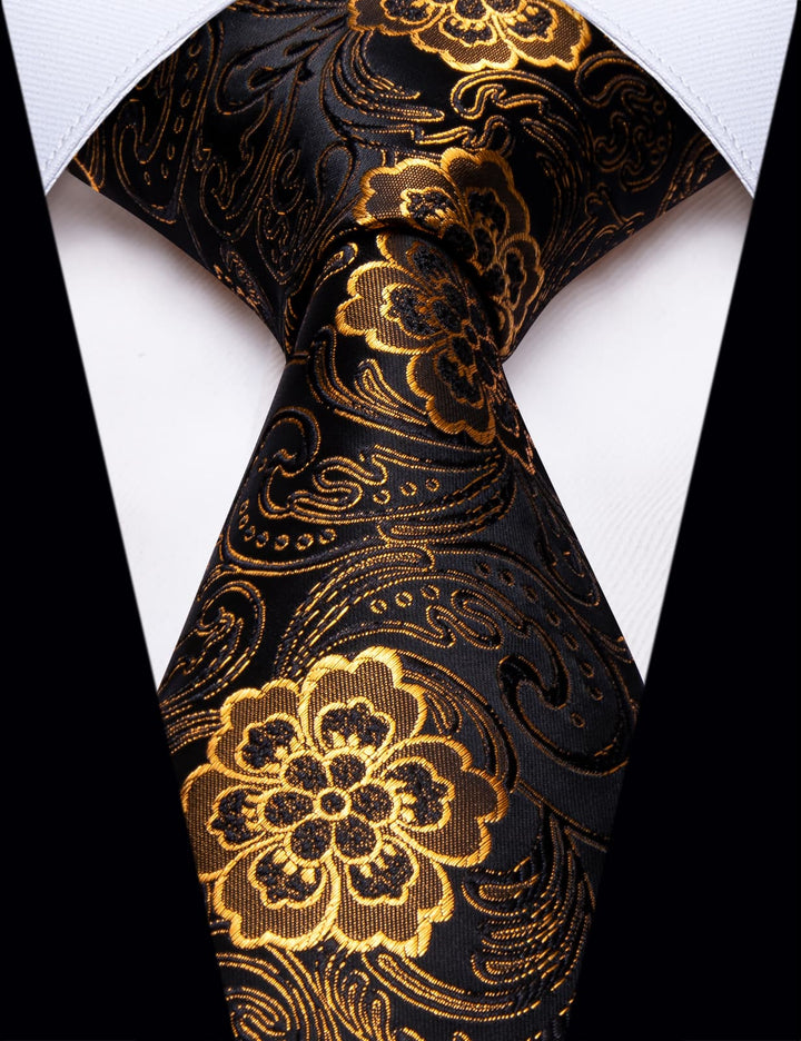  Black Neck Tie Mens Gold Floral Jacquard Silk Dinner Necktie