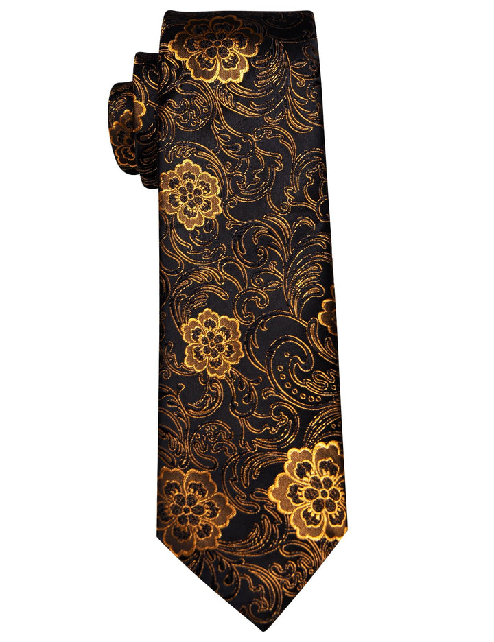  Black Neck Tie Mens Gold Floral Jacquard Silk Dinner Necktie