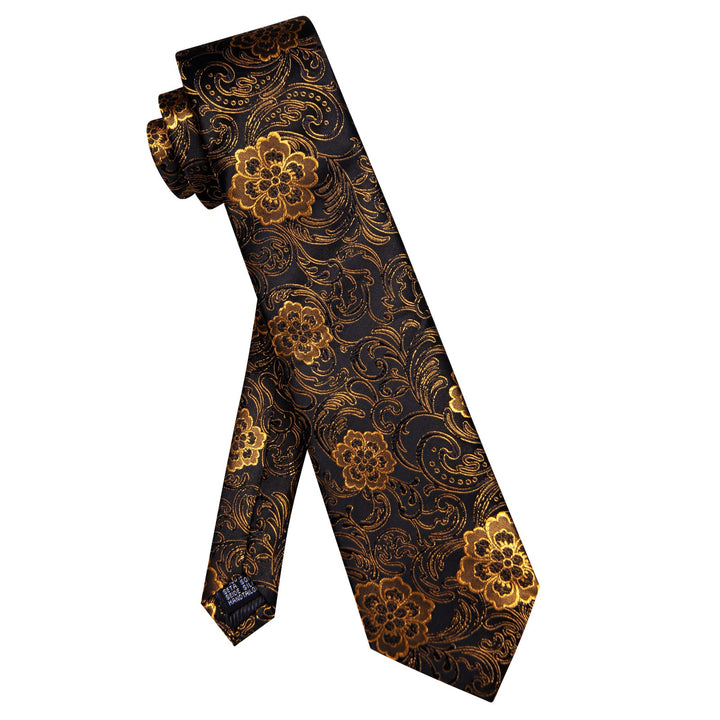  Black Neck Tie Mens Gold Floral Jacquard Silk Dinner Necktie