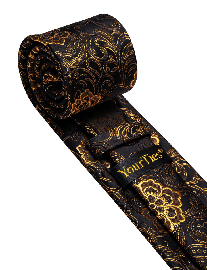  Black Neck Tie Mens Gold Floral Jacquard Silk Dinner Necktie