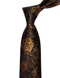  Black Neck Tie Mens Gold Floral Jacquard Silk Dinner Necktie