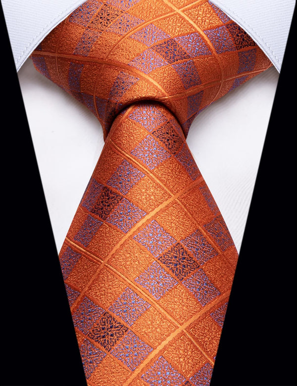 YourTies Burnt Orange Blue Plaid Silk Men's Necktie