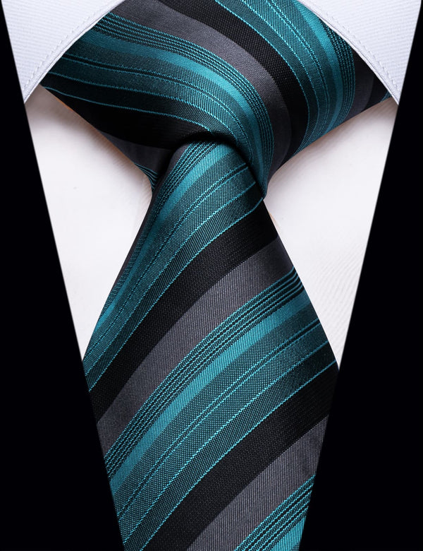 YourTies Black Deep Cyan Striped Silk Men's Necktie