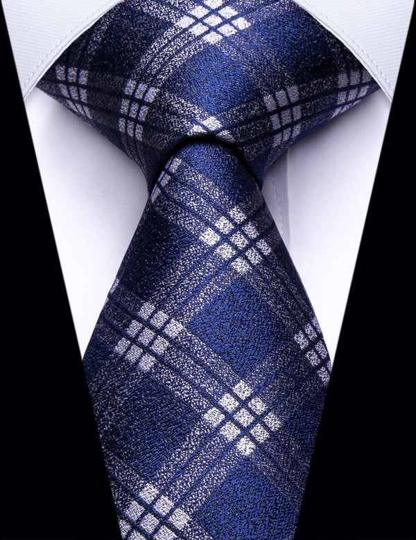 YourTies Navy Blue White Plaid Pattern Silk Men's Necktie