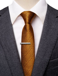  Men's Tie Golden Solid Skinny Necktie with Silver Tie Clip