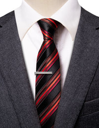 YourTies Black Red Striped Skinny Necktie with Silver Tie Clip for Men