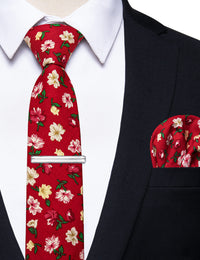 YourTies Crimson Red Mens Silk Tie Floral Skinny Necktie with Tie Clip