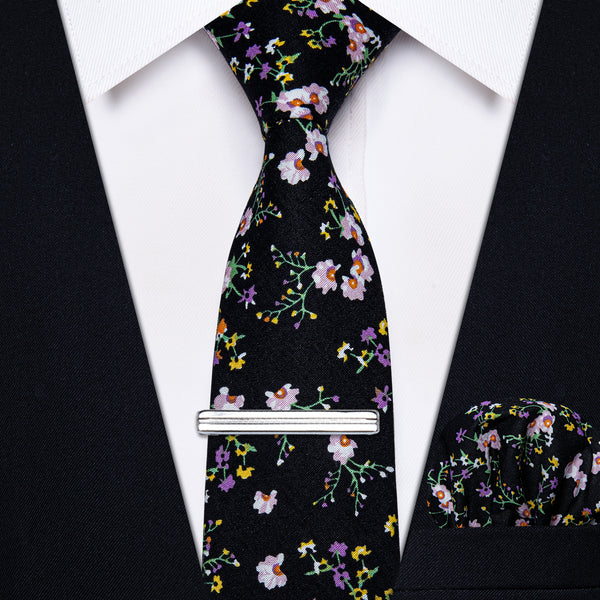 Black pink floral necktie