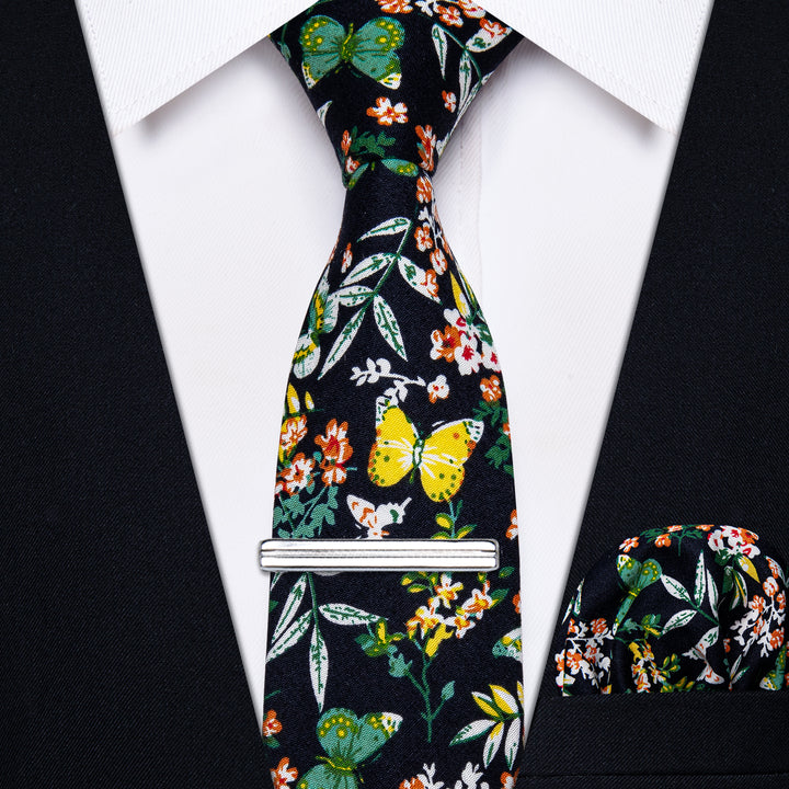 black suit black floral cottom tie yellow butterfly pattern