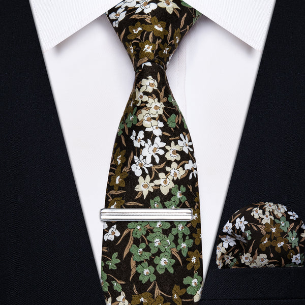 Black Green white floral necktie for men 