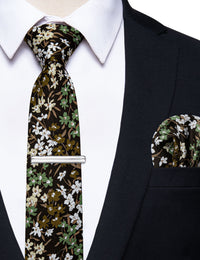 Green Brown Mixed Skinny Tie Set with Tie Clip for Men