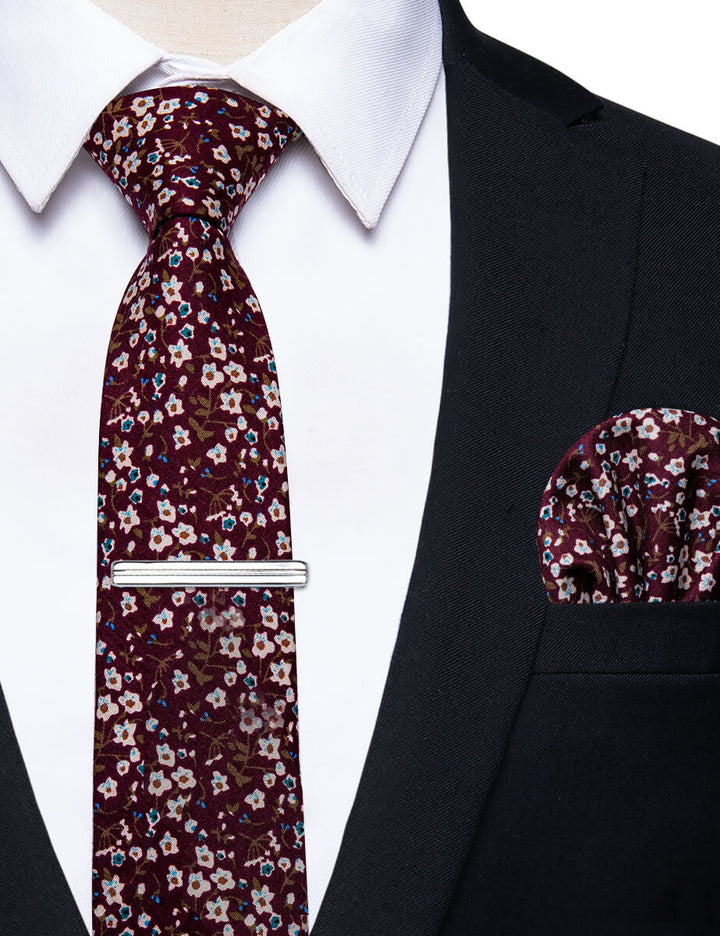 Burgundy Red Floral Printed Skinny Men Tie Set with Tie Clip