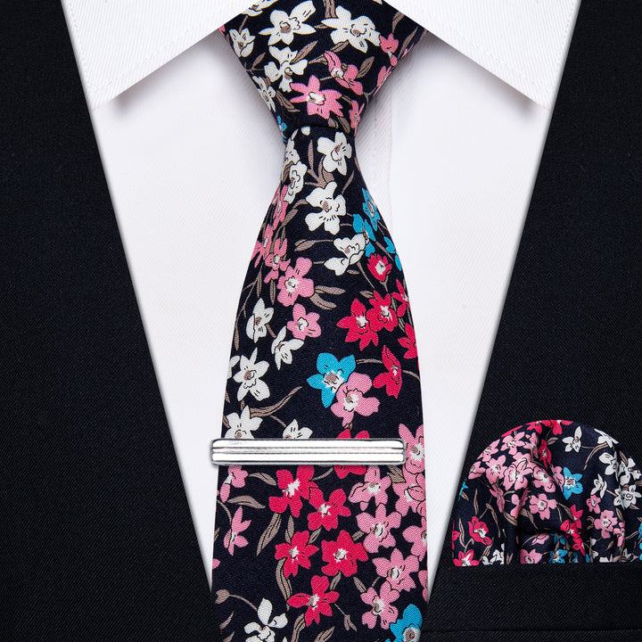 Rouge Red Floral Printed Skinny Men's Tie Set with Tie Clip