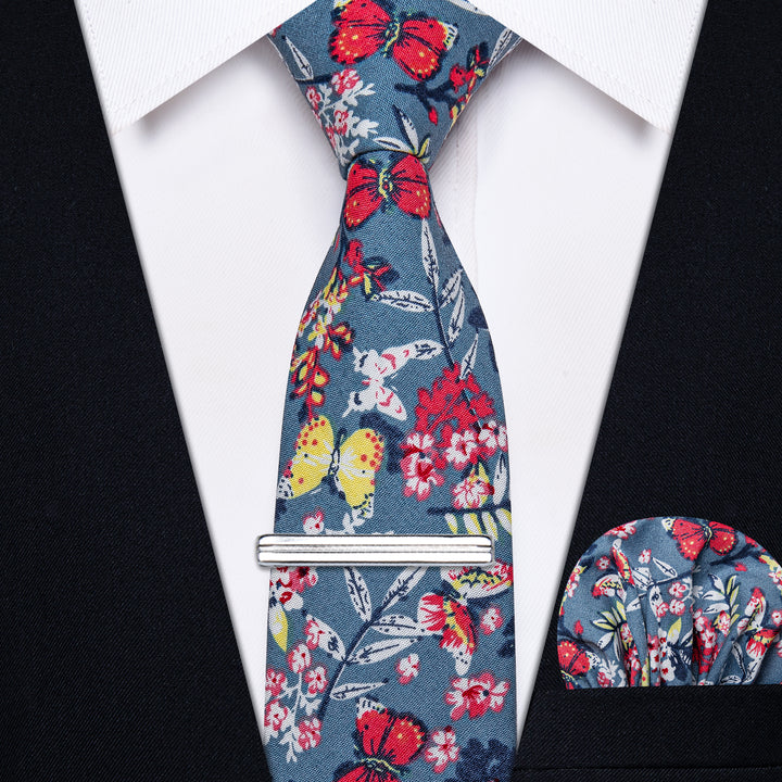 YourTies Sky Blue Tie Red Floral Printed Tie with Clip Set 6.35cm