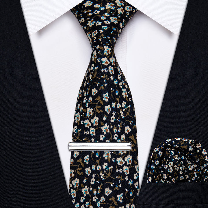 YourTies Blue Black Printed Skinny Tie Set with Tie Clip