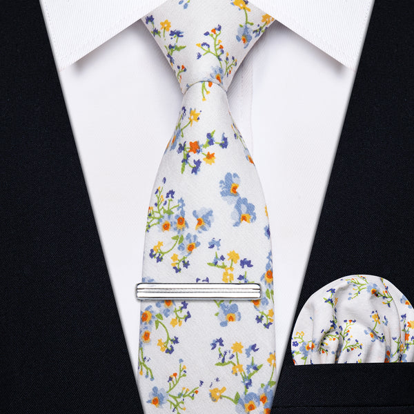 Mens White Yellow Floral Printed Skinny Tie Set with Tie Clip