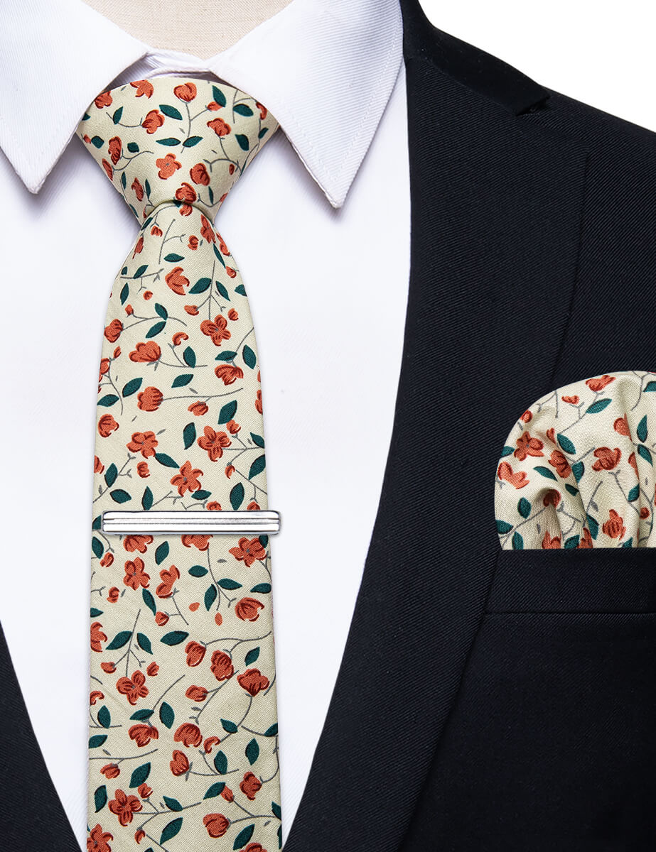 YourTies Tie Beige Orange Floral Printed Skinny Tie Set with Tie Clip