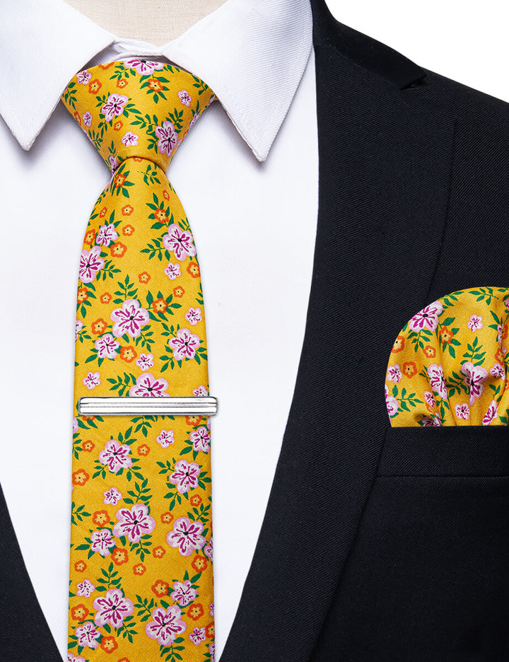 Noble Yellow Floral Printed Skinny Tie Set with Men Tie Bar