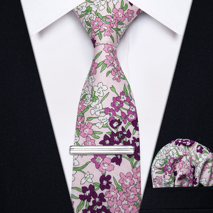 Fuchsia Pink Mens Floral Printed Skinny Tie Set with Tie Clip